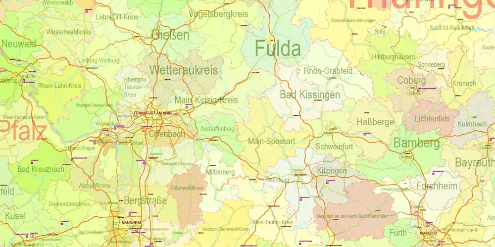 Printable Editable Map Germany Administrative Divisions - Provinces, Districts, Roads, Cities, Airports, Railroads Adobe Illustrator,  scalable, editable text format  names, 26 Mb ZIP.