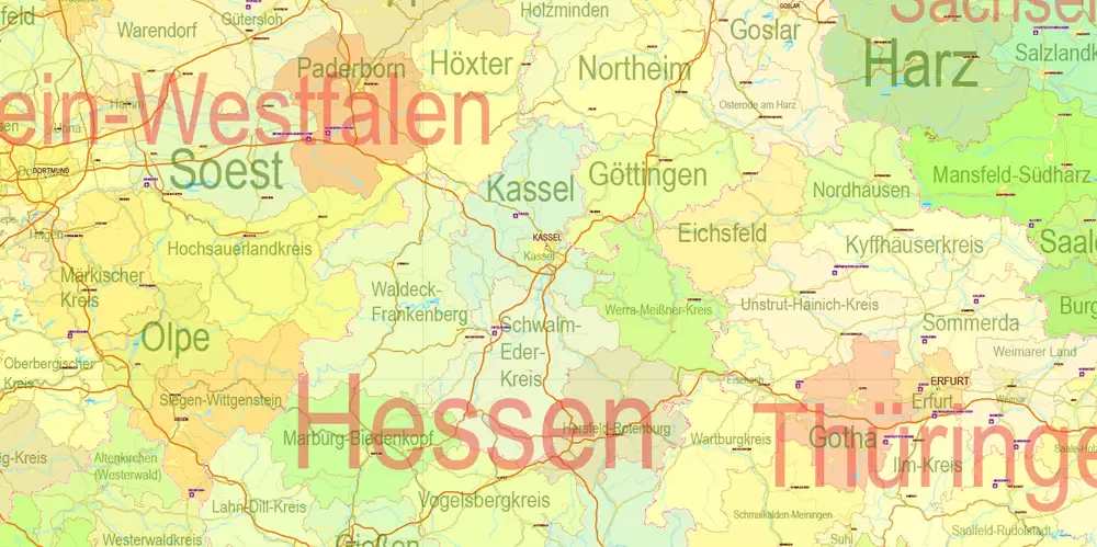 Printable Editable Map Germany Administrative Divisions - Provinces, Districts, Roads, Cities, Airports, Railroads Adobe Illustrator,  scalable, editable text format  names, 26 Mb ZIP.