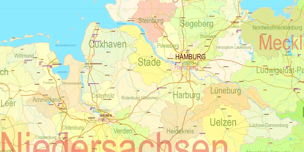 Printable Editable Map Germany Administrative Divisions - Provinces, Districts, Roads, Cities, Airports, Railroads Adobe Illustrator,  scalable, editable text format  names, 26 Mb ZIP.