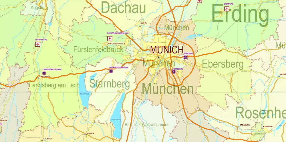 Printable Editable Map Germany Administrative Divisions - Provinces, Districts, Roads, Cities, Airports, Railroads Adobe Illustrator,  scalable, editable text format  names, 26 Mb ZIP.