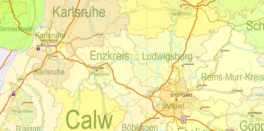 Printable Editable Map Germany Administrative Divisions - Provinces, Districts, Roads, Cities, Airports, Railroads Adobe Illustrator,  scalable, editable text format  names, 26 Mb ZIP.