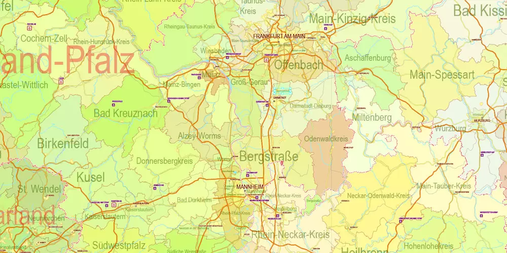 Printable Editable Map Germany Administrative Divisions - Provinces, Districts, Roads, Cities, Airports, Railroads Adobe Illustrator,  scalable, editable text format  names, 26 Mb ZIP.