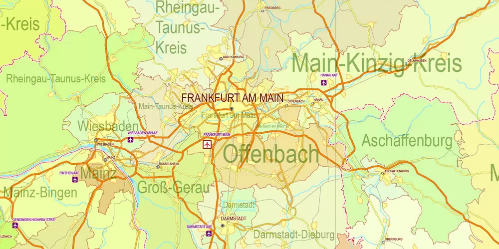 Printable Editable Map Germany Administrative Divisions - Provinces, Districts, Roads, Cities, Airports, Railroads Adobe Illustrator,  scalable, editable text format  names, 26 Mb ZIP.