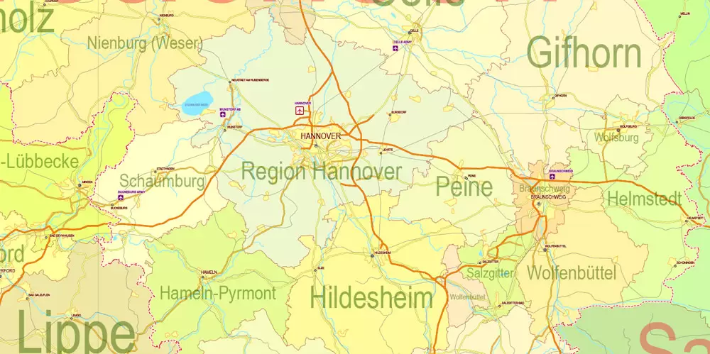 Printable Editable Map Germany Administrative Divisions - Provinces, Districts, Roads, Cities, Airports, Railroads Adobe Illustrator,  scalable, editable text format  names, 26 Mb ZIP.
