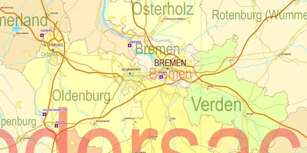 Printable Editable Map Germany Administrative Divisions - Provinces, Districts, Roads, Cities, Airports, Railroads Adobe Illustrator,  scalable, editable text format  names, 26 Mb ZIP.