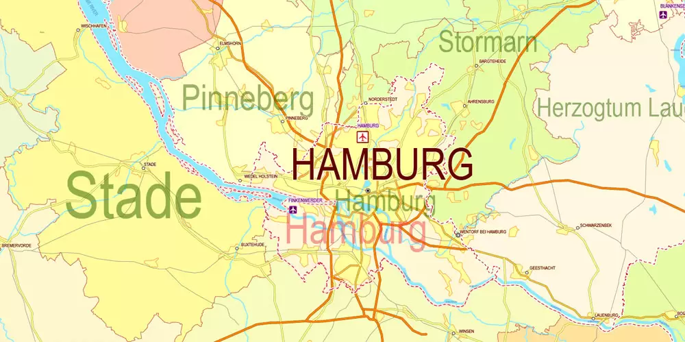 Printable Editable Map Germany Administrative Divisions - Provinces, Districts, Roads, Cities, Airports, Railroads Adobe Illustrator,  scalable, editable text format  names, 26 Mb ZIP.