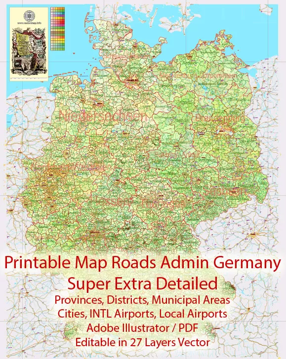 Printable Editable Map Germany Full Administrative Divisions - States, Districts, Municipal Areas, + Roads, Cities, Airports, Railroads Adobe Illustrator,  scalable, editable text format  names, 49 Mb ZIP.