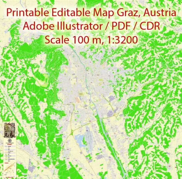 Graz Vector Map, Austria, Printable exact detailed City Plan, 100 meters scale map  1:3125, editable Layered Adobe Illustrator Street Map