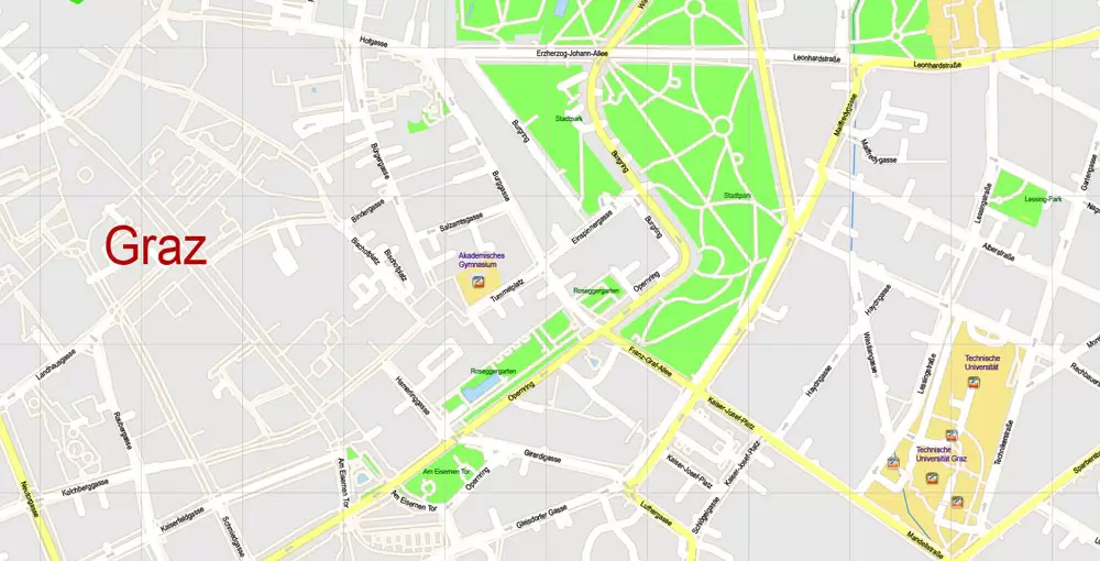 Printable Vector Map Graz, Austria, exact detailed City Plan, 100 meters scale map 1:3125, editable Layered Adobe Illustrator, 17 Mb ZIP