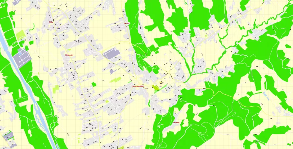 Printable Vector Map Graz, Austria, exact detailed City Plan, 100 meters scale map 1:3125, editable Layered Adobe Illustrator, 17 Mb ZIP