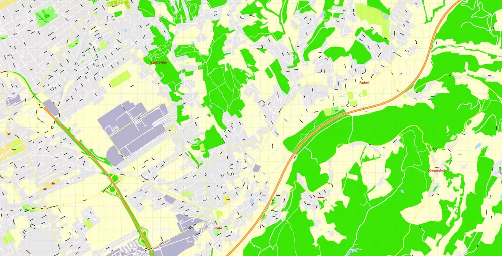 Printable Vector Map Graz, Austria, exact detailed City Plan, 100 meters scale map 1:3125, editable Layered Adobe Illustrator, 17 Mb ZIP
