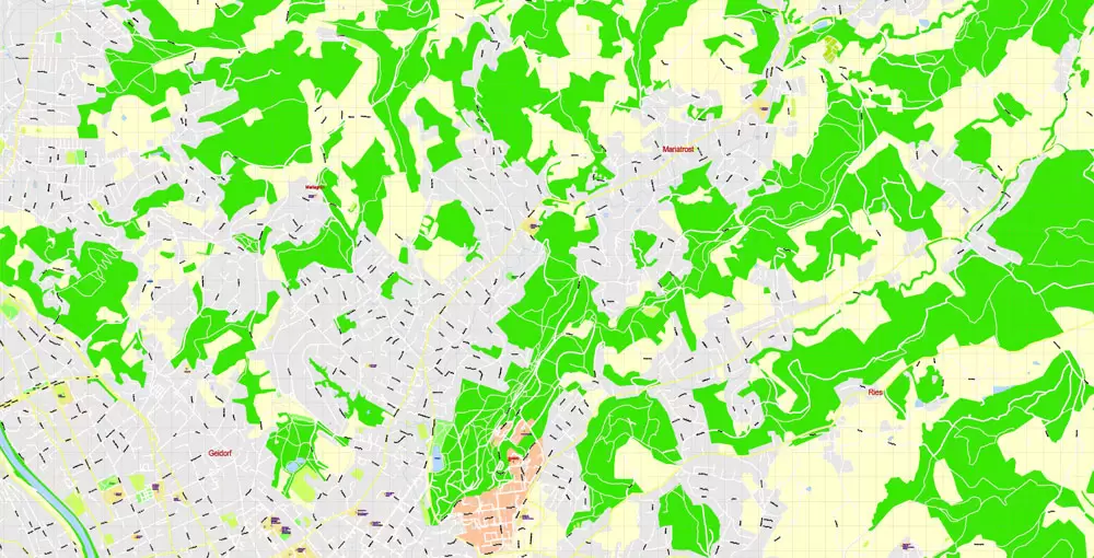Printable Vector Map Graz, Austria, exact detailed City Plan, 100 meters scale map 1:3125, editable Layered Adobe Illustrator, 17 Mb ZIP