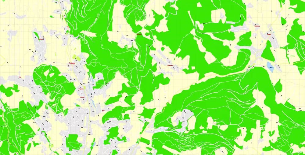 Printable Vector Map Graz, Austria, exact detailed City Plan, 100 meters scale map 1:3125, editable Layered Adobe Illustrator, 17 Mb ZIP