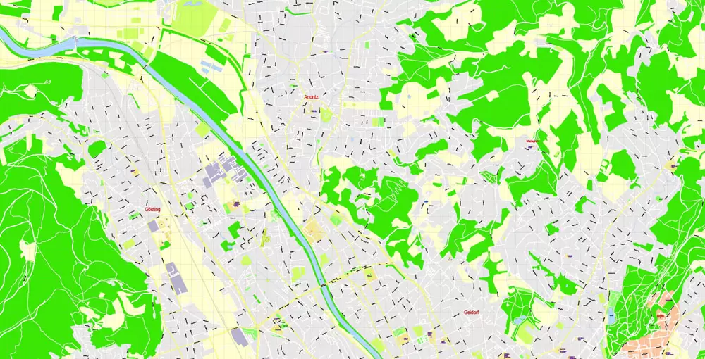 Printable Vector Map Graz, Austria, exact detailed City Plan, 100 meters scale map 1:3125, editable Layered Adobe Illustrator, 17 Mb ZIP