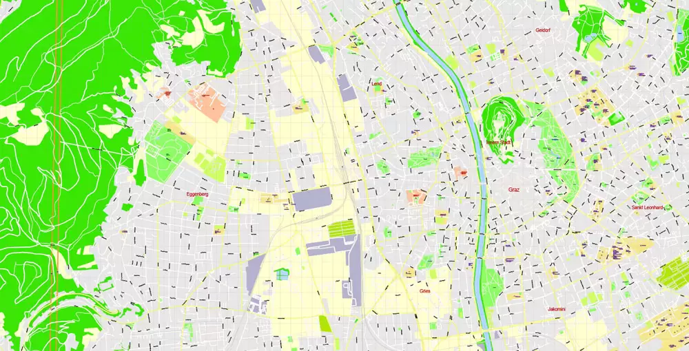 Printable Vector Map Graz, Austria, exact detailed City Plan, 100 meters scale map 1:3125, editable Layered Adobe Illustrator, 17 Mb ZIP