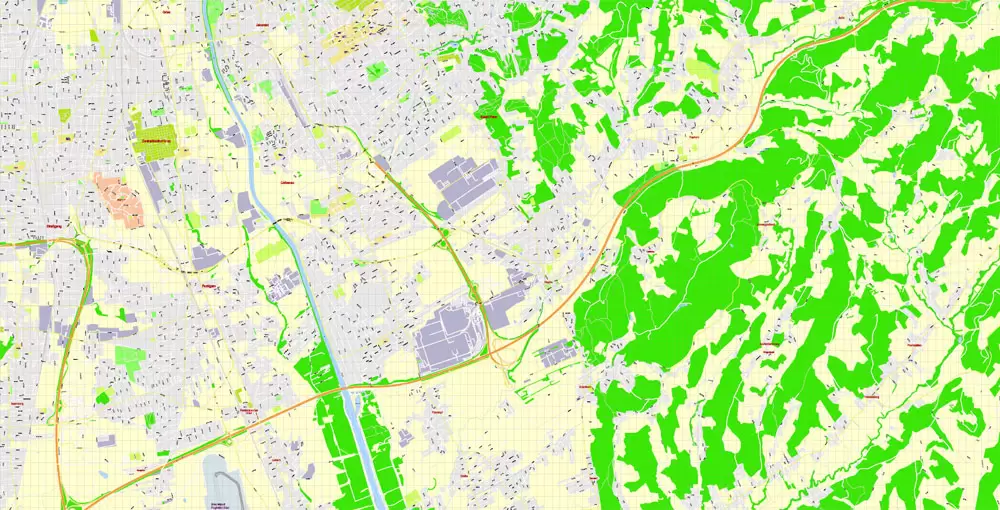 Printable Vector Map Graz, Austria, exact detailed City Plan, 100 meters scale map 1:3125, editable Layered Adobe Illustrator, 17 Mb ZIP