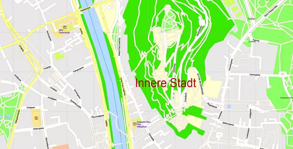 Printable Vector Map Graz, Austria, exact detailed City Plan, 100 meters scale map 1:3125, editable Layered Adobe Illustrator, 17 Mb ZIP