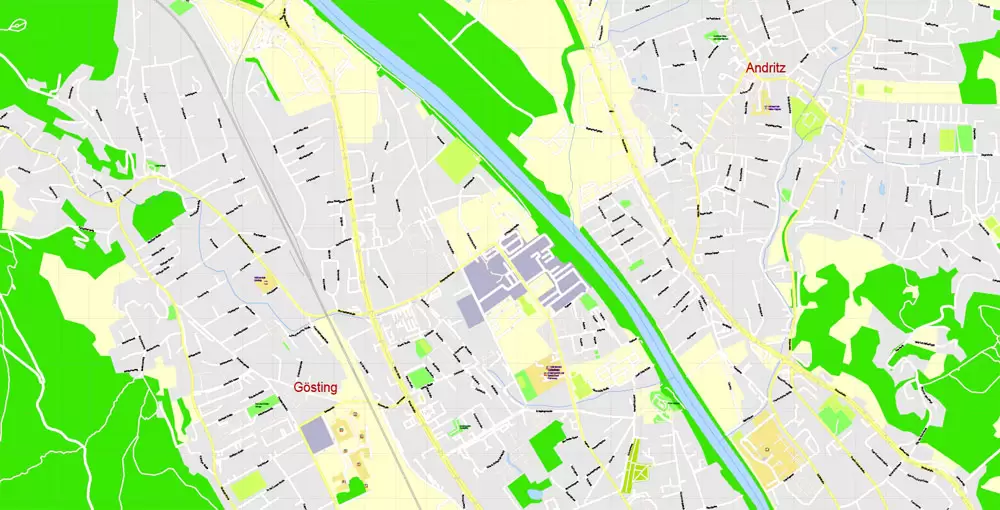 Printable Vector Map Graz, Austria, exact detailed City Plan, 100 meters scale map 1:3125, editable Layered Adobe Illustrator, 17 Mb ZIP