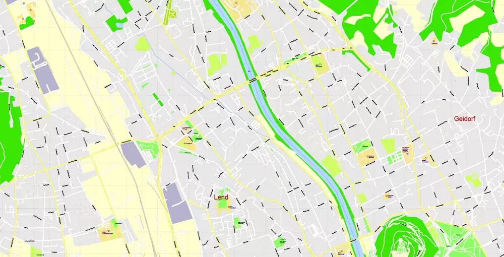 Printable Vector Map Graz, Austria, exact detailed City Plan, 100 meters scale map 1:3125, editable Layered Adobe Illustrator, 17 Mb ZIP