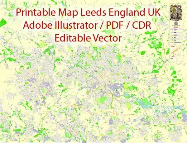 Leeds + Bradford Vector Map, England UK, Printable exact detailed City Plan, editable Layered Adobe Illustrator Street Map