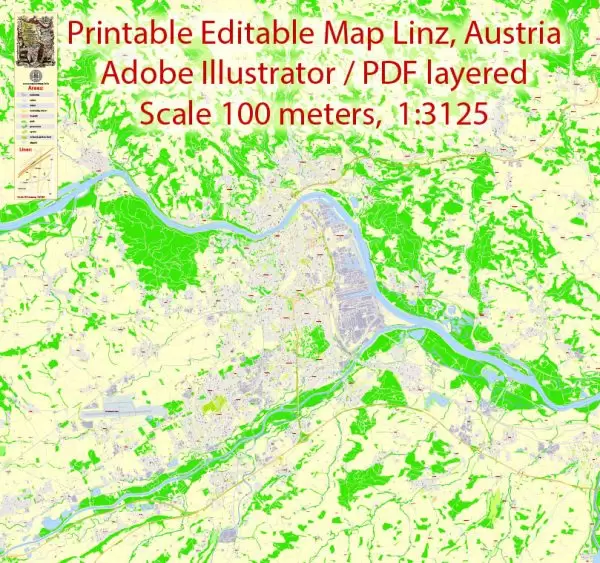 Printable Vector Map Linz, Austria, exact detailed City Plan, 100 meters scale map  1:3125, editable Layered Adobe Illustrator, 21 Mb ZIP