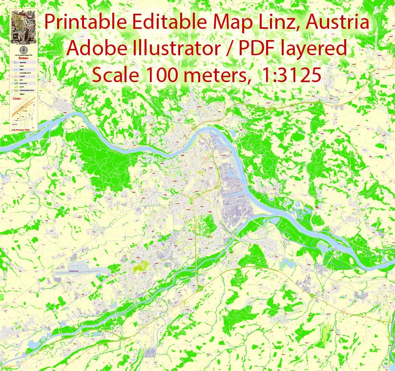 Printable Vector Map Linz, Austria, exact detailed City Plan, 100 meters scale map 1:3125, editable Layered Adobe Illustrator, 21 Mb ZIP