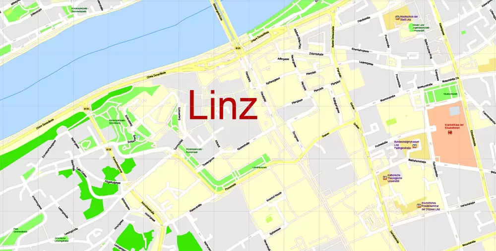 Linz Map Vector Austria, Printable exact detailed City Plan, 100 meters scale map 1x3125, editable Layered Adobe Illustrator Street Map