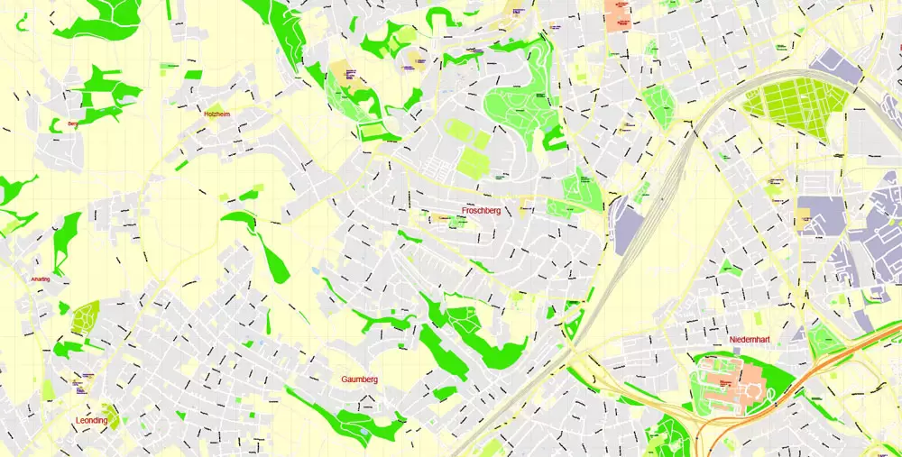 Printable Vector Map Linz, Austria, exact detailed City Plan, 100 meters scale map 1:3125, editable Layered Adobe Illustrator, 21 Mb ZIP