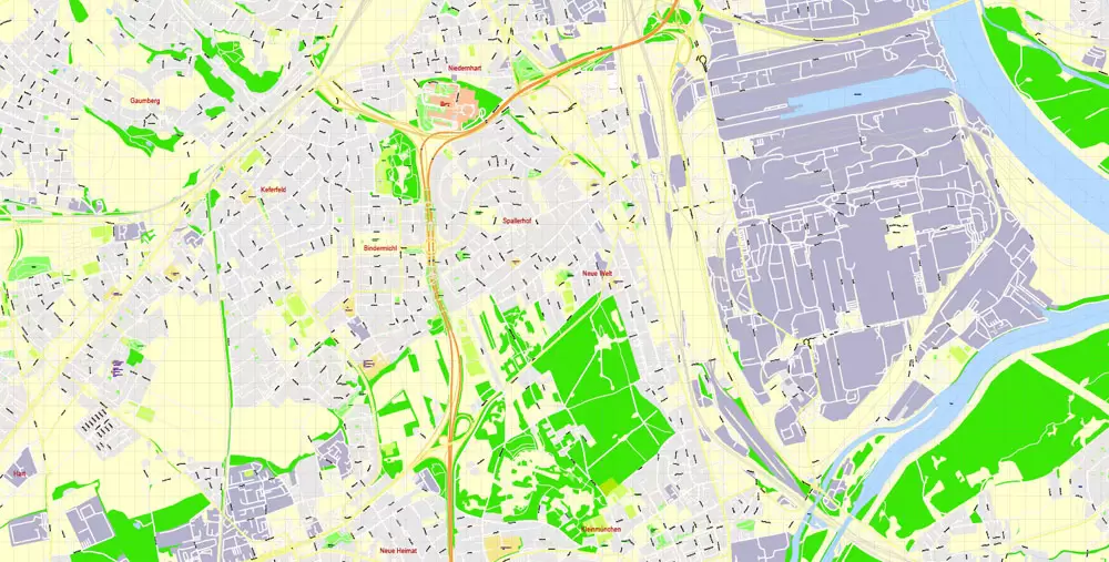 Printable Vector Map Linz, Austria, exact detailed City Plan, 100 meters scale map 1:3125, editable Layered Adobe Illustrator, 21 Mb ZIP