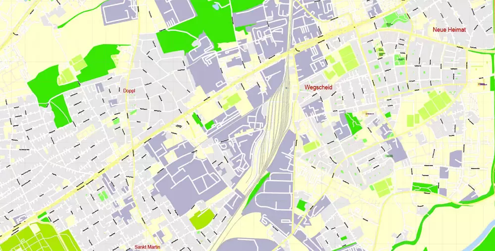 Printable Vector Map Linz, Austria, exact detailed City Plan, 100 meters scale map 1:3125, editable Layered Adobe Illustrator, 21 Mb ZIP