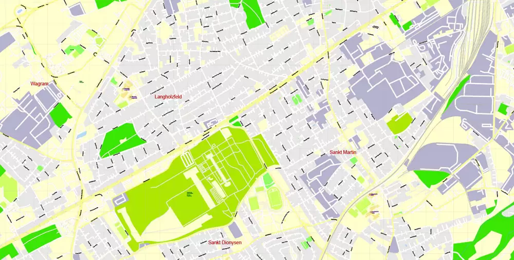Printable Vector Map Linz, Austria, exact detailed City Plan, 100 meters scale map 1:3125, editable Layered Adobe Illustrator, 21 Mb ZIP