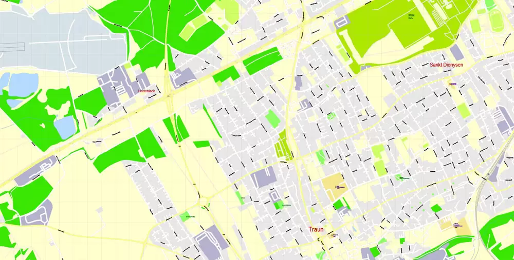 Printable Vector Map Linz, Austria, exact detailed City Plan, 100 meters scale map 1:3125, editable Layered Adobe Illustrator, 21 Mb ZIP