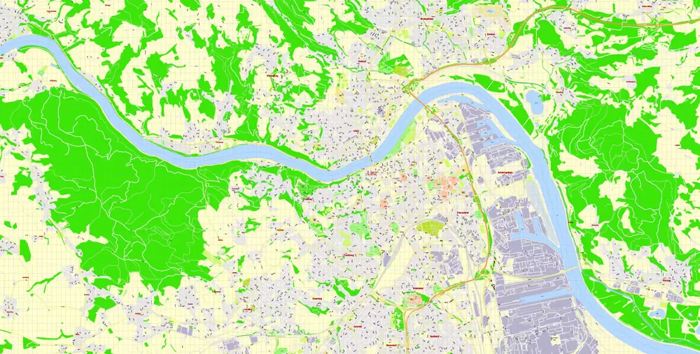 Linz Map Vector Austria, Printable exact detailed City Plan, 100 meters scale map 1x3125, editable Layered Adobe Illustrator Street Map