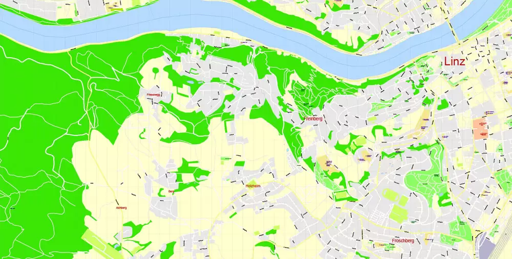 Printable Vector Map Linz, Austria, exact detailed City Plan, 100 meters scale map 1:3125, editable Layered Adobe Illustrator, 21 Mb ZIP