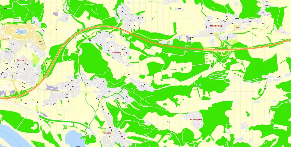 Printable Vector Map Linz, Austria, exact detailed City Plan, 100 meters scale map 1:3125, editable Layered Adobe Illustrator, 21 Mb ZIP