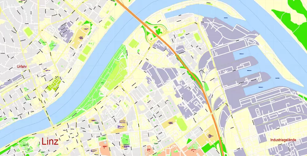Printable Vector Map Linz, Austria, exact detailed City Plan, 100 meters scale map 1:3125, editable Layered Adobe Illustrator, 21 Mb ZIP