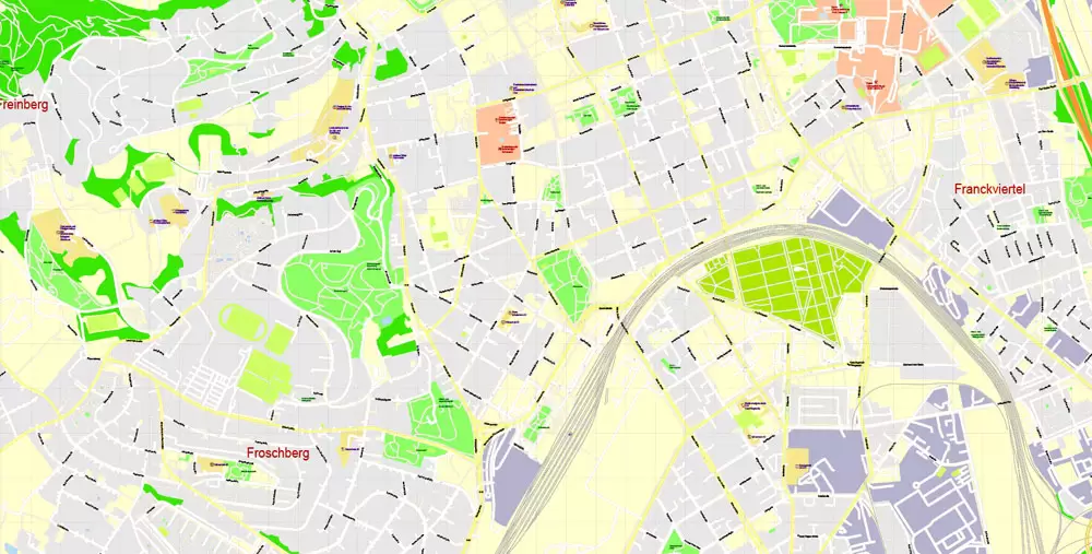 Printable Vector Map Linz, Austria, exact detailed City Plan, 100 meters scale map 1:3125, editable Layered Adobe Illustrator, 21 Mb ZIP