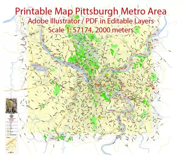 Printable Map Pittsburgh Metro Area, Pennsylvania, US, exact vector City Plan scale 1:57174, full editable, Adobe Illustrator, scalable, editable, text format  street names, 12 mb ZIP