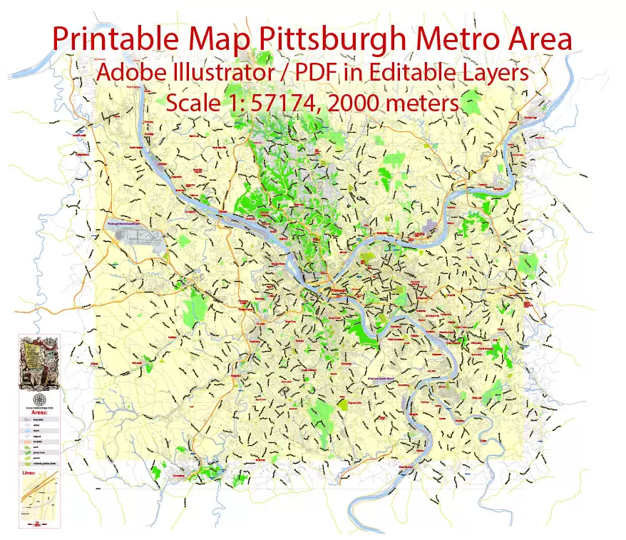 Printable Map Pittsburgh Metro Area, Pennsylvania, US, exact vector City Plan scale 1:57174, full editable, Adobe Illustrator, scalable, editable, text format street names, 12 mb ZIP