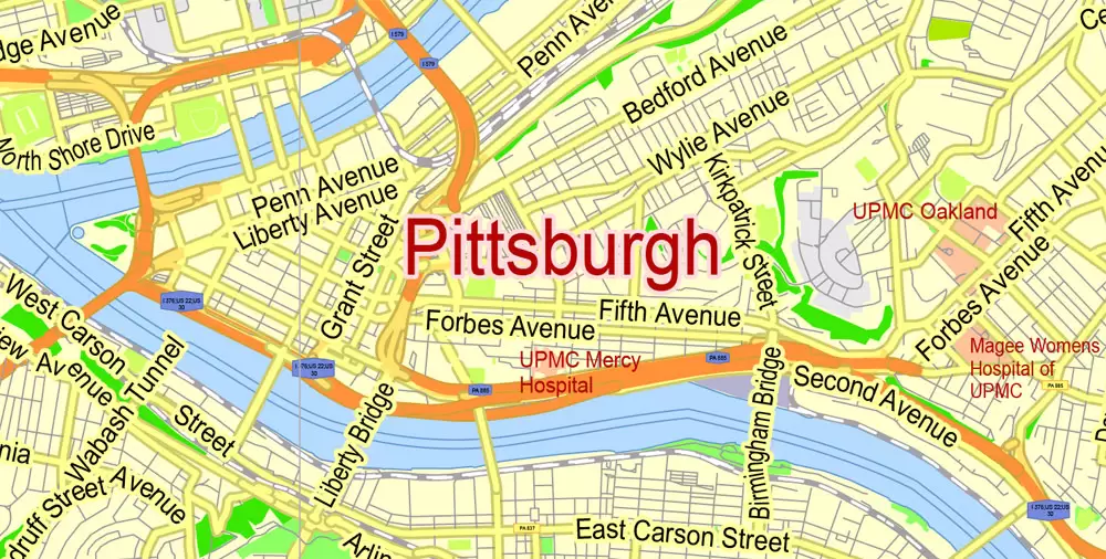 Printable Map Pittsburgh Metro Area, Pennsylvania, US, exact vector City Plan scale 1:57174, full editable, Adobe Illustrator, scalable, editable, text format street names, 12 mb ZIP