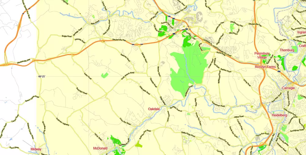 Printable Map Pittsburgh Metro Area, Pennsylvania, US, exact vector City Plan scale 1:57174, full editable, Adobe Illustrator, scalable, editable, text format street names, 12 mb ZIP
