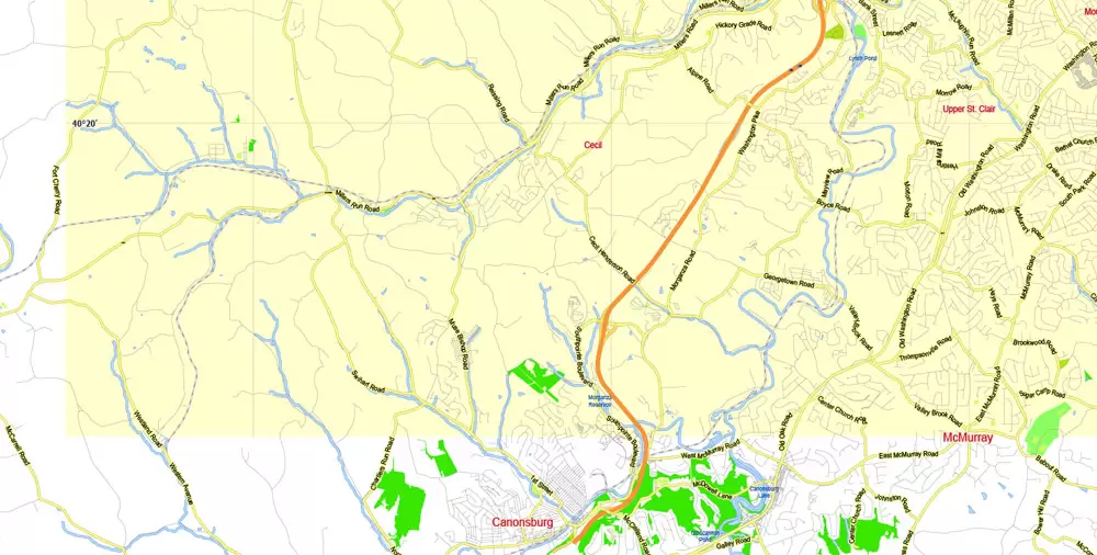 Printable Map Pittsburgh Metro Area, Pennsylvania, US, exact vector City Plan scale 1:57174, full editable, Adobe Illustrator, scalable, editable, text format street names, 12 mb ZIP