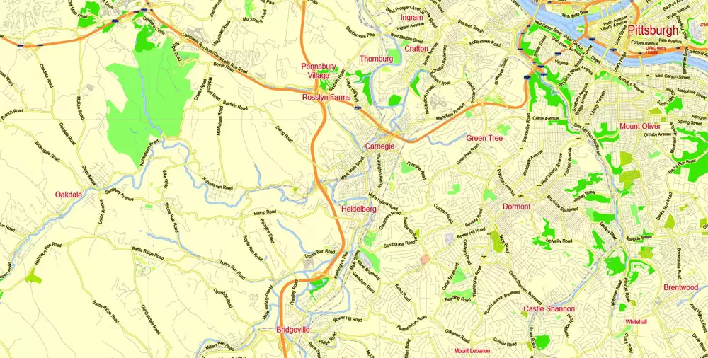 Printable Map Pittsburgh Metro Area, Pennsylvania, US, exact vector City Plan scale 1:57174, full editable, Adobe Illustrator, scalable, editable, text format street names, 12 mb ZIP