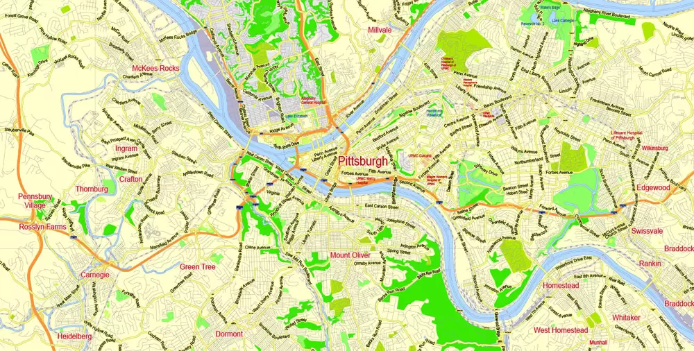 Printable Map Pittsburgh Metro Area, Pennsylvania, US, exact vector City Plan scale 1:57174, full editable, Adobe Illustrator, scalable, editable, text format street names, 12 mb ZIP