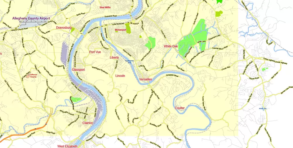 Printable Map Pittsburgh Metro Area, Pennsylvania, US, exact vector City Plan scale 1:57174, full editable, Adobe Illustrator, scalable, editable, text format street names, 12 mb ZIP