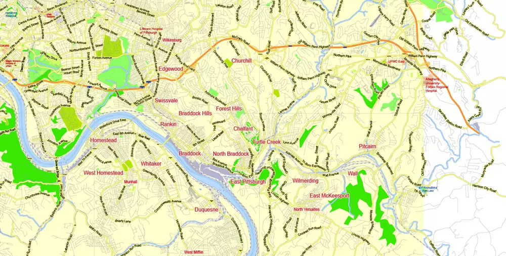 Printable Map Pittsburgh Metro Area, Pennsylvania, US, exact vector City Plan scale 1:57174, full editable, Adobe Illustrator, scalable, editable, text format street names, 12 mb ZIP