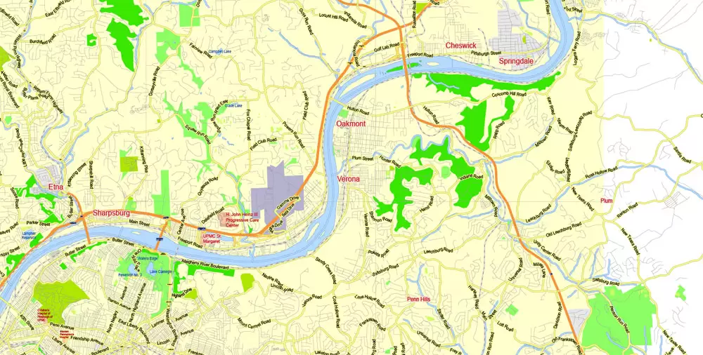 Printable Map Pittsburgh Metro Area, Pennsylvania, US, exact vector City Plan scale 1:57174, full editable, Adobe Illustrator, scalable, editable, text format street names, 12 mb ZIP