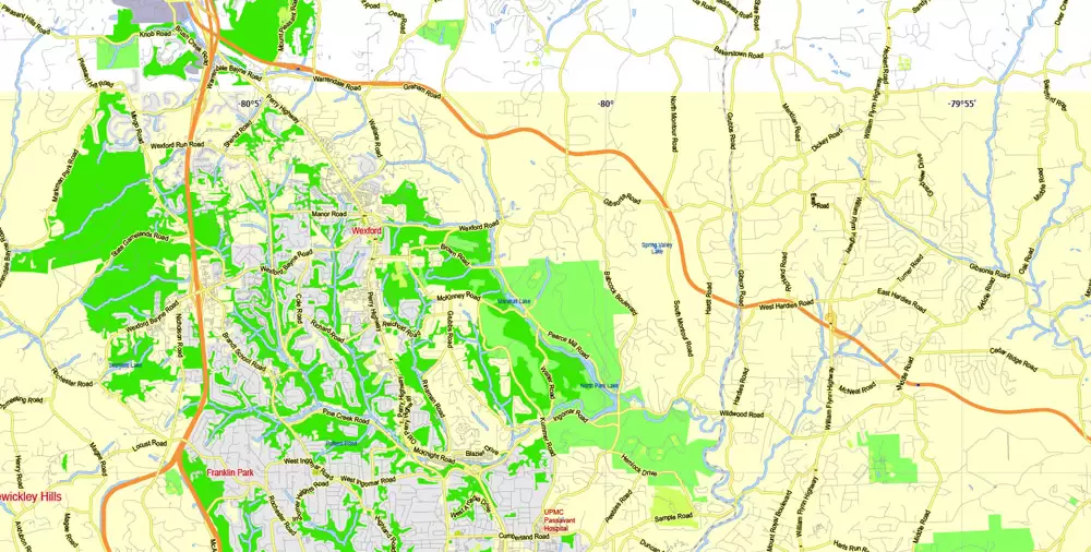 Printable Map Pittsburgh Metro Area, Pennsylvania, US, exact vector City Plan scale 1:57174, full editable, Adobe Illustrator, scalable, editable, text format street names, 12 mb ZIP