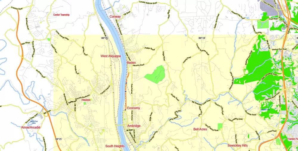 Printable Map Pittsburgh Metro Area, Pennsylvania, US, exact vector City Plan scale 1:57174, full editable, Adobe Illustrator, scalable, editable, text format street names, 12 mb ZIP
