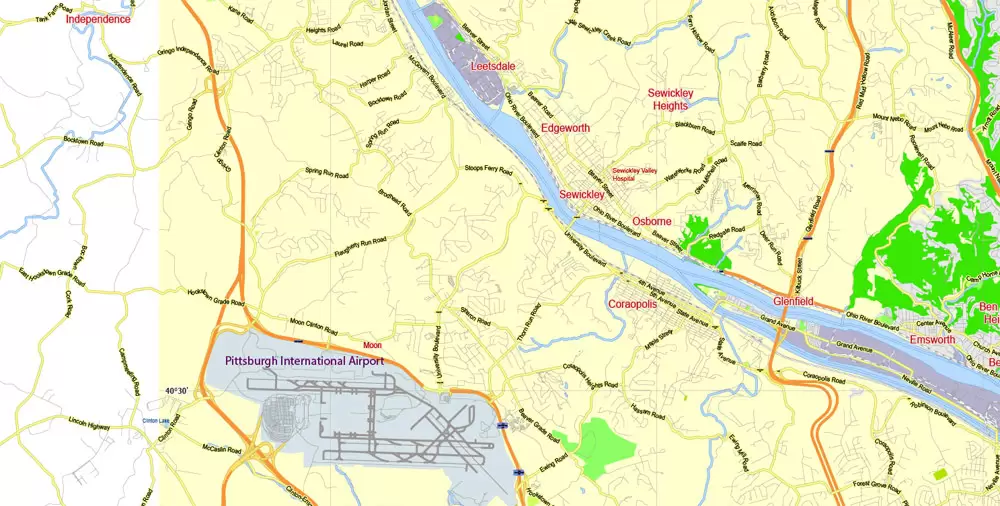 Printable Map Pittsburgh Metro Area, Pennsylvania, US, exact vector City Plan scale 1:57174, full editable, Adobe Illustrator, scalable, editable, text format street names, 12 mb ZIP